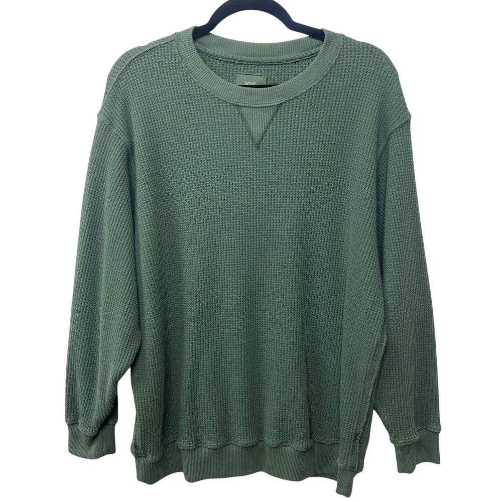 Aerie Green Waffle Knit Oversized Crewneck Sweatshirt M Cozy Grunge Pullover